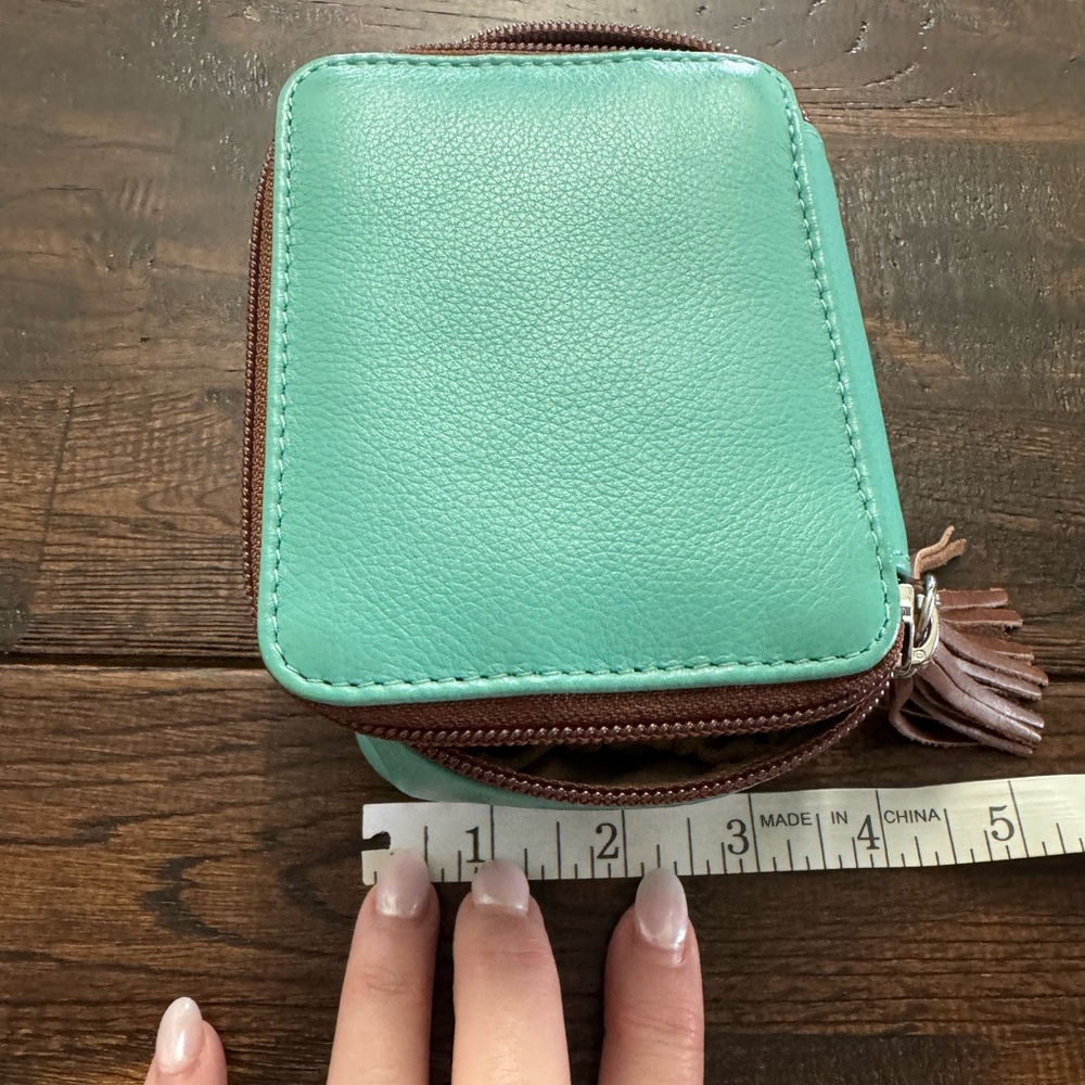 Teal Leather Jewelry Case with Brown Tassel and Accents - Picture 4 of 16